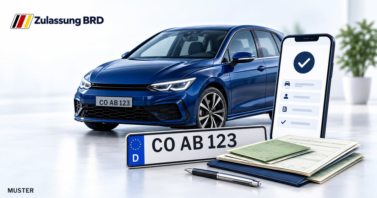 Online Fahrzeugzulassung in Neustadt b.Coburg: Musterkennzeichen CO AB 123, Auto und Fahrzeugpapiere und Smartphone. Illustration mit Logo von Zulassung BRD.